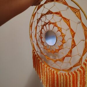 Handmade Orange Dreamcatcher Wall Hanging with Mirror